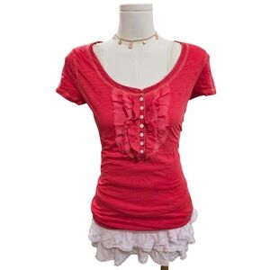 Hollister Vintage Bright Coral Short Sleeve Lace Button Up Henley Tee